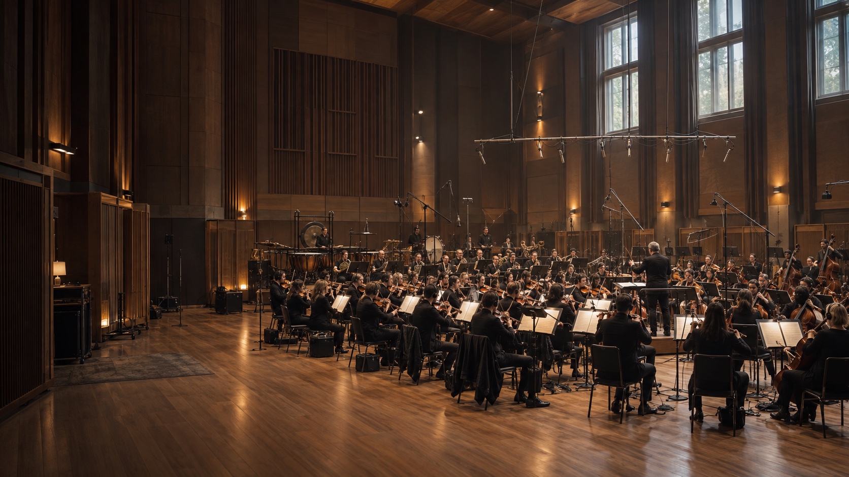Orkestra kaydını betimleyen, yüksek tavanlı stüdyonun siyah beyaz görseli